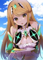 Rule 34 | 1girl, bafarin, bare legs, bare shoulders, blonde hair, breasts, chest jewel, cleavage, cleavage cutout, clothing cutout, dress, earrings, elbow gloves, gloves, highres, jewelry, large breasts, long hair, mythra (xenoblade), short dress, solo, swept bangs, tiara, very long hair, white dress, white gloves, xenoblade chronicles (series), xenoblade chronicles 2, yellow eyes