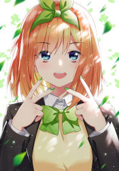 Rule 34 | 1girl, :d, black jacket, blazer, blonde hair, blue eyes, blush, bow, bowtie, clover, commentary request, double v, fingernails, go-toubun no hanayome, green bow, green bowtie, green nails, hair bow, highres, jacket, light particles, long fingernails, long sleeves, looking at viewer, motion blur, multicolored hair, nail polish, nakano yotsuba, open clothes, open jacket, open mouth, orange hair, round teeth, school uniform, short hair, simple background, smile, solo, teeth, two-tone hair, upper body, upper teeth only, v, white background, zhanzheng zi