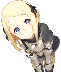 Rule 34 | 1girl, armor, armored dress, black capelet, black dress, black hairband, black ribbon, blonde hair, blue eyes, boots, breastplate, capelet, closed mouth, dress, forehead, gauntlets, hairband, hands on own knees, head tilt, highres, km yama, leaning forward, looking at viewer, original, parted bangs, plate armor, ribbon, short hair, simple background, skirt, solo, standing, swept bangs, thigh boots, thighhighs, white background