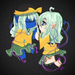 Rule 34 | 2girls, ahoge, black headwear, blue eyes, blue skin, chinese commentary, collared shirt, colored skin, commentary request, cyclops, eyeball, frilled shirt collar, frilled sleeves, frills, green hair, green skirt, hair between eyes, hat, hat ribbon, heart, heart ahoge, heart of string, highres, komeiji koishi, long sleeves, multiple girls, multiple persona, muxu 0216, one-eyed, pointy ears, ribbon, shirt, skirt, third eye, touhou, wavy hair, wide sleeves, yellow ribbon, yellow shirt