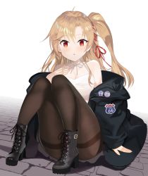 Rule 34 | 1girl, absurdres, azur lane, bare shoulders, black footwear, blonde hair, blouse, blue jacket, boots, braid, brick floor, capelet, cleveland (azur lane), hair between eyes, halterneck, high heel boots, high heels, highres, jacket, long hair, looking at viewer, nochan nel, off shoulder, one side up, open mouth, pantyhose, parted bangs, ponytail, red eyes, red ribbon, ribbon, shirt, side braid, side ponytail, single braid, sitting, thighband pantyhose, white capelet, white shirt