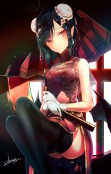 Rule 34 | 1girl, 2018, asymmetrical hair, black hair, black thighhighs, blush, breasts, china dress, chinese clothes, crossed legs, dated, dress, earrings, floral print, flower, gem, gloves, hair flower, hair ornament, highres, holding, holding umbrella, jewelry, long hair, looking at viewer, original, parted bangs, pointy ears, red eyes, sakusyo, signature, sitting, solo, standing, thighhighs, traditional clothes, umbrella, white gloves, window, x hair ornament