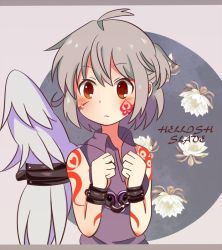 Rule 34 | 1girl, ahoge, bad id, bad twitter id, bdsm, blush, bondage, bound, buna shimeji (keymush), chain, chained, chained wrists, cuts, english text, expressionless, facial tattoo, flower, half updo, injury, kishin sagume, letterboxed, red eyes, scar, scar on face, short hair, shoulder tattoo, silver hair, single wing, slave, slave tattoo, sleeveless, solo, tattoo, touhou, wings