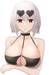 Rule 34 | 1girl, :o, arm under breasts, azur lane, bare shoulders, bikini, blush, breast hold, breasts, cleavage, collarbone, cropped torso, eyewear on head, halterneck, heart, heart-shaped eyewear, highres, large breasts, looking at viewer, o-ring, o-ring bikini, o-ring top, official alternate costume, open mouth, pink-framed eyewear, red eyes, rk (cc15915r), short hair, silver hair, sirius (azur lane), sirius (scorching-hot seirios) (azur lane), solo, sunglasses, swimsuit