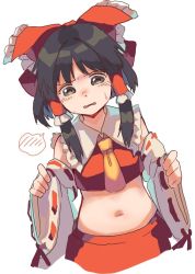 Rule 34 | 1girl, ascot, bad id, bad twitter id, bare shoulders, black eyes, black hair, bow, breasts, collared vest, crop top, detached sleeves, frilled bow, frills, hair bow, hakurei reimu, kuzukago 123, long sleeves, midriff, navel, plump, red bow, red skirt, red vest, ribbon-trimmed sleeves, ribbon trim, sidelocks, skirt, small breasts, solo, spoken blush, stomach, touhou, vest, white sleeves, wide sleeves, yellow ascot
