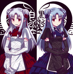 Rule 34 | 00s, 2girls, alternate costume, alternate hairstyle, black gloves, blue hair, breasts, closed umbrella, double bun, dress, elbow gloves, expressionless, gloves, grin, hair ornament, len (tsukihime), long hair, melty blood, multiple girls, pointy ears, puffy sleeves, red eyes, sidelocks, silver hair, small breasts, smile, tsukihime, umbrella, urako, white gloves, white len (tsukihime)