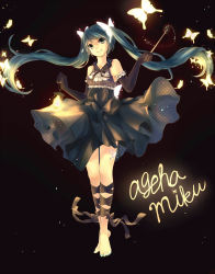 Rule 34 | 1girl, bad id, bad pixiv id, barefoot, dress, elbow gloves, gloves, hatsune miku, highres, lantern, long hair, run (sweettimehappy), smile, solo, twintails, very long hair, vocaloid, wand