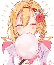 Rule 34 | 1girl, ^ ^, blonde hair, blush, braid, closed eyes, cotton candy, djeeta (granblue fantasy), eating, facing viewer, floral background, flower, food, granblue fantasy, hair between eyes, hair bobbles, hair flower, hair ornament, highres, holding, holding food, japanese clothes, kimono, print kimono, red flower, side braid, signature, simple background, single braid, sofra, solo, upper body, white background, white kimono