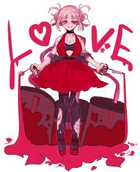Rule 34 | 10s, 1girl, bandages, bandaid, black bra, blonde hair, blood, boku no hero academia, bra, dress, fork, frilled bra, frills, full body, highres, knife, lace, lace bra, messy hair, open clothes, open dress, open front, pantyhose, solo, tagme, toga himiko, underwear, yellow eyes