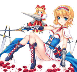Rule 34 | 1girl, alice margatroid, alternate costume, blonde hair, blue eyes, blush, book, boots, breasts, capelet, dress, fingerless gloves, flower, fred0092, gloves, hairband, highres, looking at viewer, multiple girls, rose, shanghai doll, short hair, sitting, small breasts, smile, sword, touhou, weapon