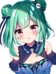 Rule 34 | 1girl, absurdres, bare shoulders, blue bow, blue dress, bow, breasts, detached sleeves, double bun, dress, eyes visible through hair, green hair, hair between eyes, hair bow, hair bun, hair ornament, highres, hololive, long sleeves, looking at viewer, medium breasts, open mouth, puffy sleeves, red eyes, shinonome asu, short hair, simple background, skull hair ornament, solo, uruha rushia, uruha rushia (1st costume), virtual youtuber, white background