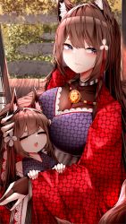 Rule 34 | absurdres, amagi-chan (azur lane), amagi (azur lane), animal ears, azur lane, black gloves, blunt bangs, breasts, bridal gauntlets, brown hair, commentary request, eyeshadow, fox ears, fox girl, fox tail, gloves, hair ornament, headpat, highres, japanese clothes, kitsune, kyuubi, large breasts, long hair, long sleeves, looking at viewer, makeup, multiple tails, name connection, purple eyes, samip, shouji, sidelocks, sleeping, sleeping on person, sliding doors, smile, tail, thick eyebrows, twintails, unfinished, wide sleeves, wooden floor