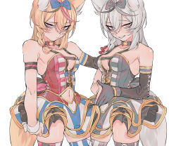 Rule 34 | 2girls, absurdres, animal ears, arm strap, asymmetrical legwear, black choker, bow, braid, breasts, choker, closed mouth, clothing cutout, cowboy shot, detached sleeves, dress, dual persona, fox ears, fox girl, fox tail, gloves, grey dress, grey gloves, grey hair, grey legwear, grin, hair between eyes, hair bow, hand on another&#039;s shoulder, highres, hololive, kakult2017, long hair, looking at viewer, medium breasts, mismatched legwear, multicolored hair, multiple girls, navel cutout, omaru polka, omaru polka (1st costume), simple background, single detached sleeve, single glove, sleeveless, sleeveless dress, smile, standing, streaked hair, striped clothes, striped dress, striped legwear, striped thighhighs, tail, thighhighs, vertical-striped clothes, vertical-striped thighhighs, virtual youtuber, white background, wrist cuffs