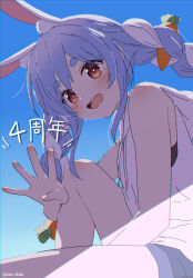 Rule 34 | 1girl, alternate costume, ama (ama ekaku), animal ear fluff, animal ears, anniversary, artist name, bare arms, bare legs, blue hair, blue shorts, blue sky, blush, braid, carrot hair ornament, clear sky, commentary request, cowboy shot, day, extra ears, finger counting, food-themed hair ornament, hair ornament, hand up, highres, hololive, hood, hoodie, knee up, long hair, looking at viewer, multicolored hair, open mouth, orange eyes, outdoors, partial commentary, rabbit-shaped pupils, rabbit ears, rabbit girl, red eyes, short eyebrows, shorts, sidelocks, sitting, sky, sleeveless, sleeveless hoodie, smile, solo, symbol-shaped pupils, teeth, thick eyebrows, translated, twin braids, twintails, two-tone hair, upper teeth only, usada pekora, virtual youtuber, white hair, white hoodie