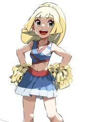 1girl, :d, absurdres, alternate costume, bangs, bare arms, blonde hair, braid, case-k, cheerleader, collarbone, commentary request, creatures (company), eyelashes, game freak, green eyes, hands on hips, highres, knees, lillie (pokemon), long hair, midriff, navel, nintendo, open mouth, pokemon, pokemon (game), pokemon sm, pom poms, ponytail, sideways glance, skirt, sleeveless, smile, solo, sweat, teeth, tongue, white background