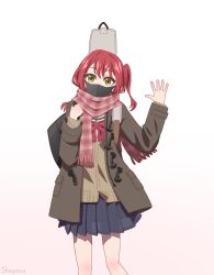 Rule 34 | arm up, artist name, blue skirt, bocchi the rock!, bow, bowtie, brown coat, brown sweater, coat, covered mouth, gradient background, head tilt, highres, holding case, instrument case, kita ikuyo, looking at viewer, mask, mouth mask, pink background, plaid, plaid scarf, pleated skirt, red bow, red bowtie, red hair, red scarf, scarf, shapoco, side ponytail, simple background, skirt, standing, sweater, white background, yellow eyes