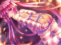 Rule 34 | 1girl, annoyed, bare shoulders, blush, bracelet, covering ass, covering privates, detached sleeves, dutch angle, from behind, highres, jewelry, long hair, looking back, namaru (summer dandy), original, pink eyes, pink hair, sleeves past wrists, solo, striped clothes, striped thighhighs, thighhighs, twintails, wallpaper, zettai ryouiki