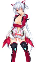 Rule 34 | 1girl, :o, boots, breasts, center opening, cleavage, frofrofrost, hand on own face, innocent cluster, long hair, matoi (pso2), no bra, open clothes, phantasy star, phantasy star online 2, red eyes, silver hair, skin tight, solo, thigh boots, thighhighs, twintails, very long hair, white background