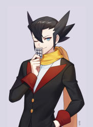 Rule 34 | 1boy, black hair, blue eyes, buttons, card, closed mouth, commentary request, creatures (company), game freak, grey background, grimsley (pokemon), hair between eyes, hand in pocket, hand up, holding, holding card, jacket, korean commentary, looking at viewer, male focus, mongguri, nintendo, one eye closed, pokemon, pokemon bw, scarf, shirt, short hair, smile, solo, spiked hair, upper body, white shirt, yellow scarf