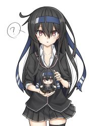 Rule 34 | 1girl, ?, black hair, black skirt, black thighhighs, blazer, blue headband, character doll, commentary request, hatsushimo (kancolle), hatsushimo kai ni (kancolle), headband, highres, jacket, kantai collection, long hair, looking at viewer, low-tied long hair, pleated skirt, red eyes, school uniform, simple background, single thighhigh, skirt, solo, spoken question mark, thighhighs, umino ht, white background