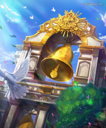 Rule 34 | bell, bell tower, bird, building, cloud, copyright notice, day, dove, falling petals, highres, lens flare, no humans, official art, petals, rwael, scenery, shadowverse, tree