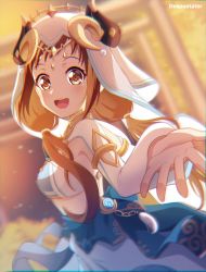 Rule 34 | 1girl, :d, alternate hair length, alternate hairstyle, armpit cutout, bang dream!, breasts, brown eyes, brown hair, clothing cutout, commentary, cosplay, cowboy shot, crop top, despuntater, english commentary, genshin impact, gold choker, harem outfit, hazawa tsugumi, highres, jewelry, kanemoto hisako, long hair, long sleeves, looking at viewer, medium breasts, midriff, nilou (genshin impact), nilou (genshin impact) (cosplay), open mouth, outstretched hand, puffy long sleeves, puffy sleeves, reaching, reaching towards viewer, sidelocks, smile, solo, standing, teeth, upper teeth only, vision (genshin impact), voice actor connection, white headdress