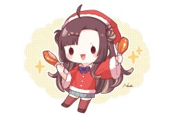 Rule 34 | 1girl, :3, black hair, blush, brown hair, chibi, chicken (food), christmas, double bun, food, full body, fur trim, hair bun, hair ornament, hairclip, hat, highres, holding, holding food, kantai collection, long hair, long sleeves, makinami (kancolle), multicolored hair, nada namie, official alternate costume, open mouth, pleated skirt, santa hat, signature, simple background, skirt, solo, sparkle, thighhighs