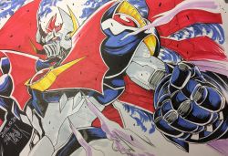 Rule 34 | clenched hands, highres, horns, mazinger (series), mazinkaiser, mazinkaiser (robot), mecha, mechanical wings, no humans, robot, solo, super robot, tsushima naoto, wings, yellow eyes