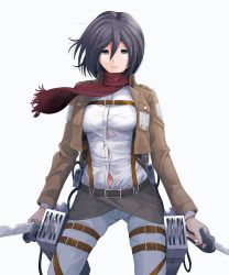 Rule 34 | 1girl, belt, belt buckle, black hair, breasts, brown belt, brown jacket, buckle, dress shirt, dual wielding, highres, holding, holding sword, holding weapon, jacket, long sleeves, looking at viewer, medium breasts, medium hair, mikasa ackerman, navel, open clothes, open jacket, pants, paradis military uniform, parted lips, red scarf, ryouzou, scarf, shingeki no kyojin, shirt, simple background, solo, suspenders, sword, three-dimensional maneuver gear, weapon, white background, white pants, white shirt