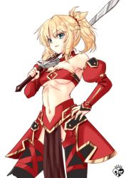 Rule 34 | 1girl, artist logo, bandeau, bare shoulders, black thighhighs, blonde hair, blue eyes, blush, breasts, chize, clarent (fate), detached sleeves, fate/apocrypha, fate (series), hair between eyes, hair ornament, hair scrunchie, hand on own hip, hand up, holding, holding sword, holding weapon, juliet sleeves, long sleeves, medium breasts, mordred (fate), mordred (fate/apocrypha), navel, over shoulder, parted lips, pelvic curtain, ponytail, puffy sleeves, red bandeau, red scrunchie, red skirt, red sleeves, scrunchie, simple background, skirt, sleeves past wrists, solo, sword, sword over shoulder, thighhighs, weapon, weapon over shoulder, white background