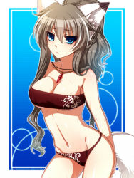 Rule 34 | 1girl, animal ears, bare shoulders, bikini, blue eyes, breasts, brown hair, cleavage, fox ears, fox tail, groin, jewelry, konshin, long hair, looking at viewer, navel, necklace, nerine potypukka, original, pixiv fantasia, pixiv fantasia 5, solo, strapless, swimsuit, tail, tube top, wet