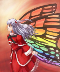 Rule 34 | 1girl, alternate wings, butterfly wings, gastdream (artist), hair bobbles, hair ornament, highres, insect wings, multicolored wings, purple eyes, shinki (touhou), side ponytail, silver hair, touhou, touhou (pc-98), wings