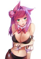 Rule 34 | 1girl, animal ears, bare shoulders, black bra, black panties, blush, bow, bowtie, bra, breasts, cat ears, cleavage, commentary request, facial mark, final fantasy, final fantasy xiv, fishnet pantyhose, fishnets, green eyes, hair bun, large breasts, long hair, looking at viewer, miqo&#039;te, navel, open mouth, panties, pantyhose, pink hair, red bow, rirene rn, simple background, single hair bun, solo, strapless, underwear, warrior of light (ff14), white background