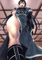 Rule 34 | 10s, 1girl, :o, black footwear, black hair, boots, brown eyes, chikuma (kancolle), foreshortening, from below, gloves, gluteal fold, hand on own cheek, hand on own face, highres, kantai collection, knee boots, legs, long hair, pelvic curtain, side slit, single glove, skirt, solo, standing, sweatdrop, yunoji (makuswel)