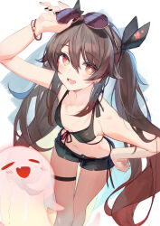 Rule 34 | 1girl, alternate costume, arm up, bare shoulders, bikini, bikini top only, bikini under clothes, black bikini, black nails, blush, boo tao (genshin impact), brown hair, commentary request, denim, denim shorts, eyewear on head, flower-shaped pupils, genshin impact, hand on own hip, highres, hu tao (genshin impact), leaning forward, light smile, long hair, looking at viewer, lumo 1121, navel, open fly, open mouth, red eyes, short shorts, shorts, sideways glance, sketch, solo, sunglasses, swimsuit, symbol-shaped pupils, thigh strap, twintails, very long hair, wristband