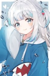 Rule 34 | 1girl, animal hood, arm up, blue background, blue eyes, blue hair, blue hoodie, border, bubble, fang, gawr gura, gawr gura (1st costume), hair ornament, haruki (colorful macaron), heart, highres, hololive, hololive english, hood, hoodie, long sleeves, looking at viewer, multicolored hair, simple background, sleeves past fingers, sleeves past wrists, smile, solo, streaked hair, two side up, upper body, virtual youtuber, white hair