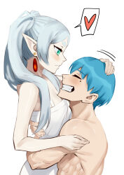 Rule 34 | 1boy, 1girl, absurdres, blue hair, couple, dingotoad, earrings, elf, frieren, green eyes, grey hair, hetero, highres, himmel (sousou no frieren), holding, hug, jewelry, mole, mole under eye, pajamas, pointy ears, serious, simple background, smile, sousou no frieren, touching another&#039;s back, vanilla, white pajamas