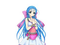 Rule 34 | 1girl, blue eyes, blue hair, breasts, cleavage, collarbone, dragon quest, dragon quest v, dress, earrings, female focus, flora (dq5), hair ribbon, jewelry, kumatora tatsumi, large breasts, legs, long hair, looking at viewer, matching hair/eyes, ribbon, simple background, smile, solo, standing, thighs, white background