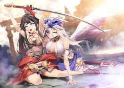 Rule 34 | 2girls, arm around waist, arm support, armpits, arms up, bare shoulders, black hair, blue eyes, breasts, eyepatch, halterneck, hanging breasts, katana, kunieda, large breasts, long hair, medium breasts, multiple girls, open mouth, original, red eyes, scan, silver hair, sitting, smile, sword, torii, weapon, wings