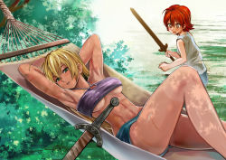 Rule 34 | 1boy, 1girl, age difference, ahoge, armpits, arms behind head, arms up, bandeau, blonde hair, blush, breasts, child, eyelashes, green eyes, halterneck, hammock, highres, long hair, looking at another, looking at viewer, lying, midriff, muscle, muscular, muscular female, nature, navel, on back, open mouth, orange eyes, original, outdoors, parted lips, pukara, red hair, scar, short hair, skirt, strapless, sweatdrop, sword, tan, tanline, thighs, tube top, underboob, weapon