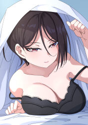 Rule 34 | 1girl, arm up, bang dream!, bare arms, bare shoulders, bed sheet, black bra, black hair, blanket, blue background, bra, breast press, breasts, brown eyes, cleavage, closed mouth, collarbone, commentary request, gradient background, hair behind ear, hair between eyes, half-closed eyes, hand up, highres, kitayu, large breasts, lifting covers, light blush, long bangs, looking at viewer, lying, on stomach, short hair, smile, solo, strap slip, under covers, underwear, underwear only, upper body, yashio rui