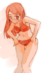 Rule 34 | 1girl, blush, bra, glasses, hand on own hip, hip focus, leaning forward, lingerie, long hair, momiji mao, panties, red bra, red eyes, red hair, red panties, red theme, solo, standing, thigh gap, thighs, underwear, underwear only, wide hips