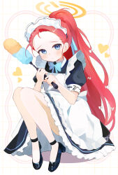 Rule 34 | 1girl, absurdres, apron, ass, black dress, black footwear, blue archive, blue eyes, bow, dress, duster, frilled apron, frilled dress, frills, full body, hair bow, halo, heart, highres, holding, holding duster, long hair, maid headdress, official alternate costume, orange halo, puffy short sleeves, puffy sleeves, red hair, shishiodoshi, shoes, short sleeves, solo, white apron, white bow, yuzu (blue archive), yuzu (maid) (blue archive)