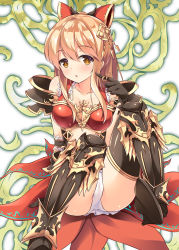 Rule 34 | 10s, 1girl, armor, bow, breasts, brown hair, gradient background, granblue fantasy, hair bow, iroha (unyun), long hair, open mouth, panties, pantyshot, sitting, solo, thighhighs, underwear, vira (granblue fantasy)