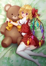 Rule 34 | 1girl, :d, absurdres, back cutout, bed sheet, blonde hair, bow, bowtie, clothing cutout, commentary request, crystal, fang, feet out of frame, flandre scarlet, floral print, hair between eyes, hair bow, highres, long hair, looking at viewer, lying, miniskirt, no headwear, no shoes, hugging object, on side, one side up, open mouth, puffy short sleeves, puffy sleeves, red bow, red eyes, red skirt, red vest, short sleeves, skindentation, skirt, smile, solo, stuffed animal, stuffed toy, suigetsu (watermoon-910), teddy bear, thighhighs, thighs, touhou, vest, white thighhighs, wings, yellow bow, yellow bowtie, zettai ryouiki