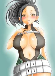 Rule 34 | 10s, 1girl, adahcm, alternate costume, bare shoulders, black hair, blush, boku no hero academia, breasts, center opening, cleavage, gradient background, highres, looking at viewer, navel, parted lips, shiny skin, solo, standing, teeth, yaoyorozu momo, yellow eyes