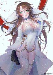 Rule 34 | 1girl, ahoge, arched back, arm behind back, bad id, bad pixiv id, blush, braid, breasts, bridal gauntlets, bridal veil, brown hair, cleavage, confetti, dress, eyebrows hidden by hair, floating hair, french braid, girls&#039; frontline, gloves, green eyes, hair between eyes, half-closed eyes, hanato (seonoaiko), hand on own chest, large breasts, lee-enfield (girls&#039; frontline), leotard, long hair, looking at viewer, parted bangs, parted lips, see-through, sidelocks, simple background, solo, sparkle, thigh strap, thighhighs, thighs, twitter username, veil, very long hair, wedding dress, white gloves, white leotard, white thighhighs, wide hips