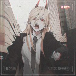 Rule 34 | 1girl, bird, black jacket, black necktie, blonde hair, building, chainsaw man, chinese commentary, city, collared shirt, commentary request, demon horns, fangs, film grain, hair over one eye, highres, horns, jacket, long hair, looking at viewer, necktie, open mouth, outdoors, power (chainsaw man), recording, red eyes, red horns, running, shirt, solo, upper body, uvula, v-shaped eyebrows, viewfinder, white shirt, zadun