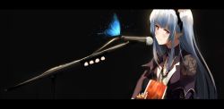 Rule 34 | 1girl, nanashi inc., black background, black shirt, blunt bangs, blush, bug, butterfly, closed mouth, commentary, demon girl, demon horns, guitar, highres, holding, holding instrument, honey strap, horns, insect, instrument, isshiki (ffmania7), letterboxed, long hair, long sleeves, microphone, microphone stand, mole, mole under eye, music, playing instrument, pointy ears, purple eyes, shirt, silver hair, smile, solo, sougetsu eli, virtual youtuber