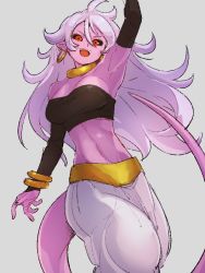 Rule 34 | 1girl, :d, android 21, arm up, armpits, black sclera, black sleeves, breasts, choker, cleavage, colored sclera, colored skin, detached sleeves, dragon ball, dragon ball fighterz, earrings, grey background, hair between eyes, hoop earrings, jewelry, kemachiku, long hair, looking at viewer, majin android 21, medium breasts, midriff, navel, open mouth, pink skin, pointy ears, red eyes, simple background, smile, solo, tail, teeth, upper teeth only, white hair, yellow choker